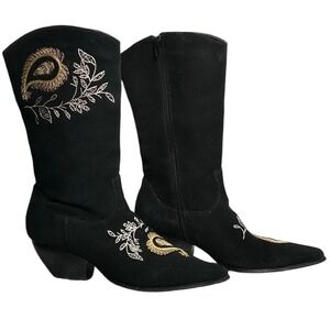 Black Suede Cowboy Western Leather Boots Gold Embroidery Fashion Womens Sz 8M